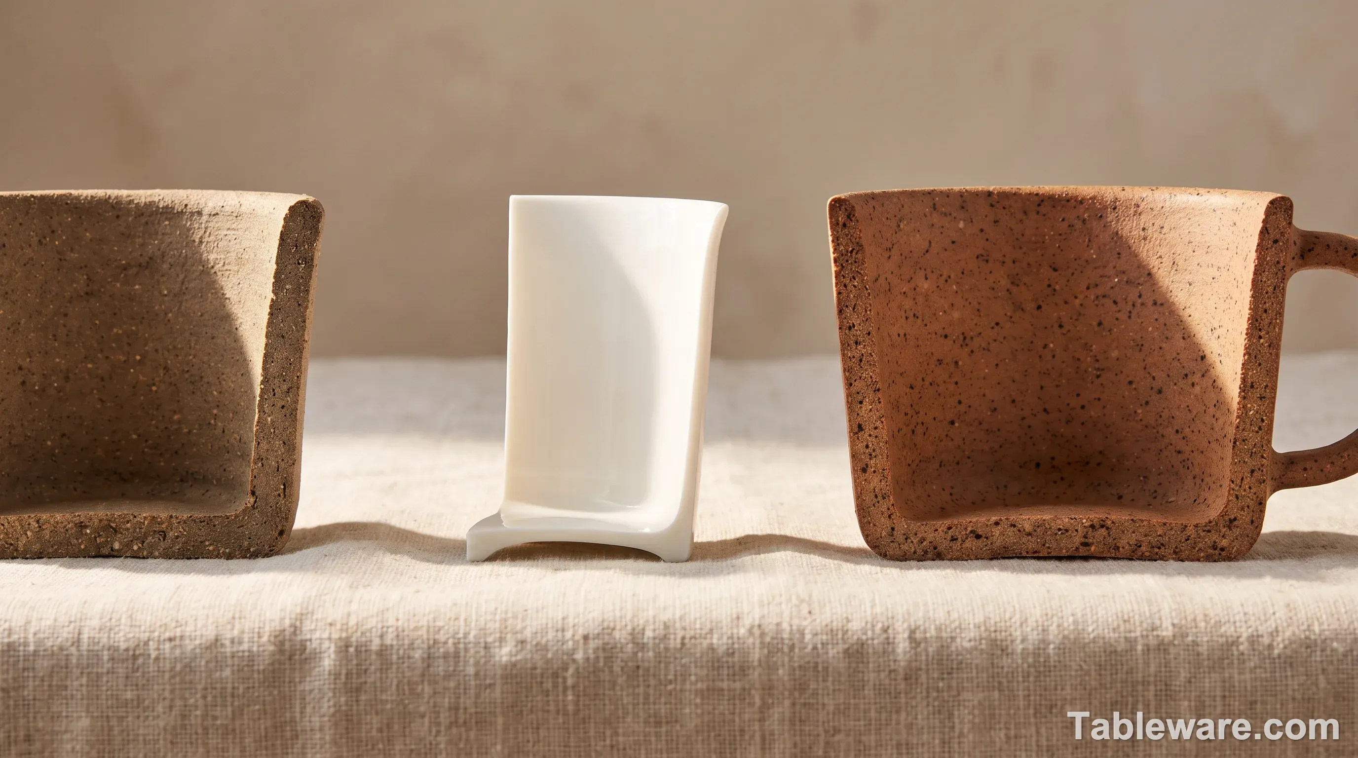 Three mug cross-sections on pale linen showing a thick dense stoneware wall, a very thin translucent bone china wall, and a thick warm terracotta speckled stoneware wall.