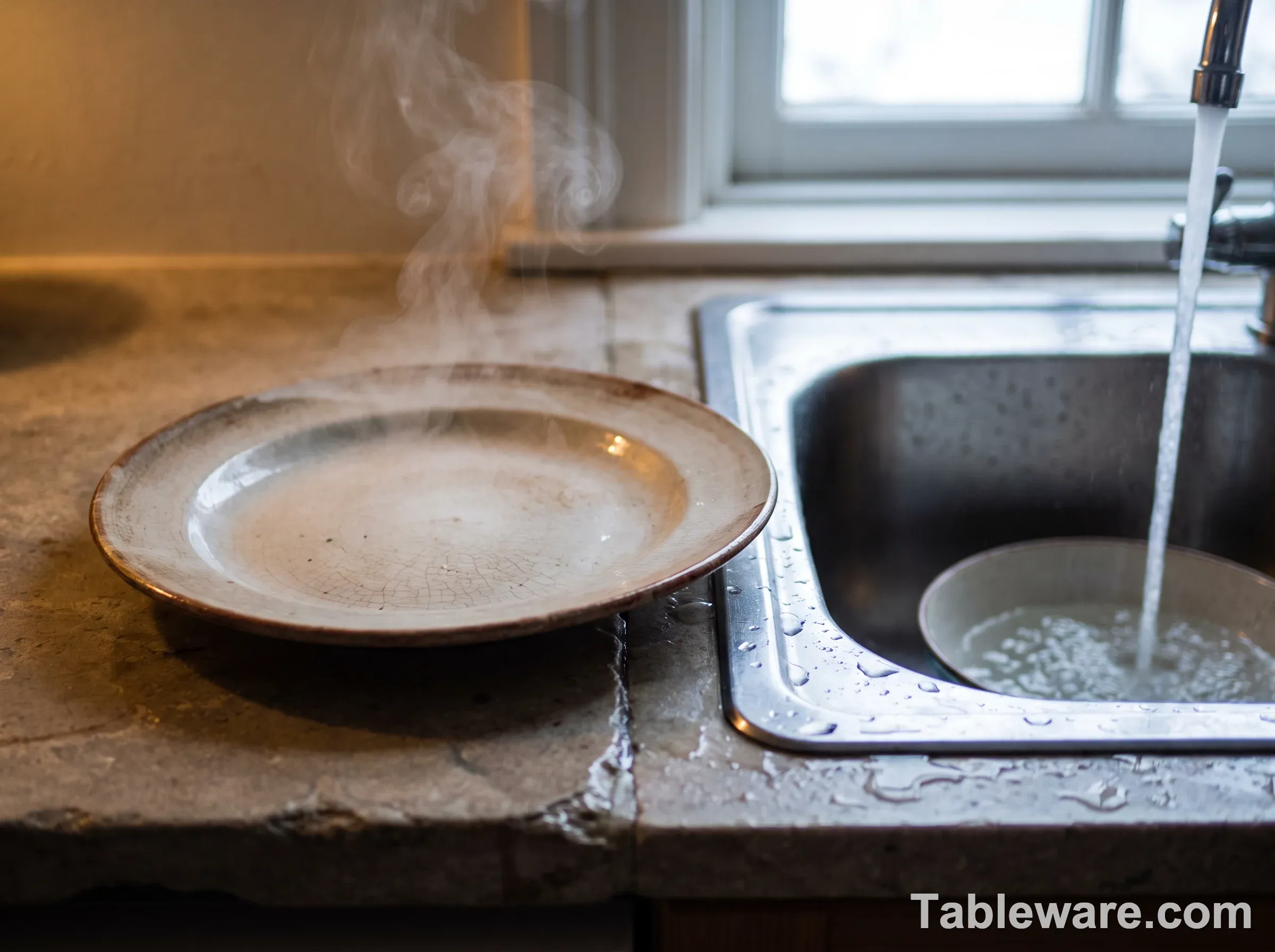 A steaming hot ceramic plate sitting on a stone counter beside a sink of cold running water, steam rising and droplets scattered