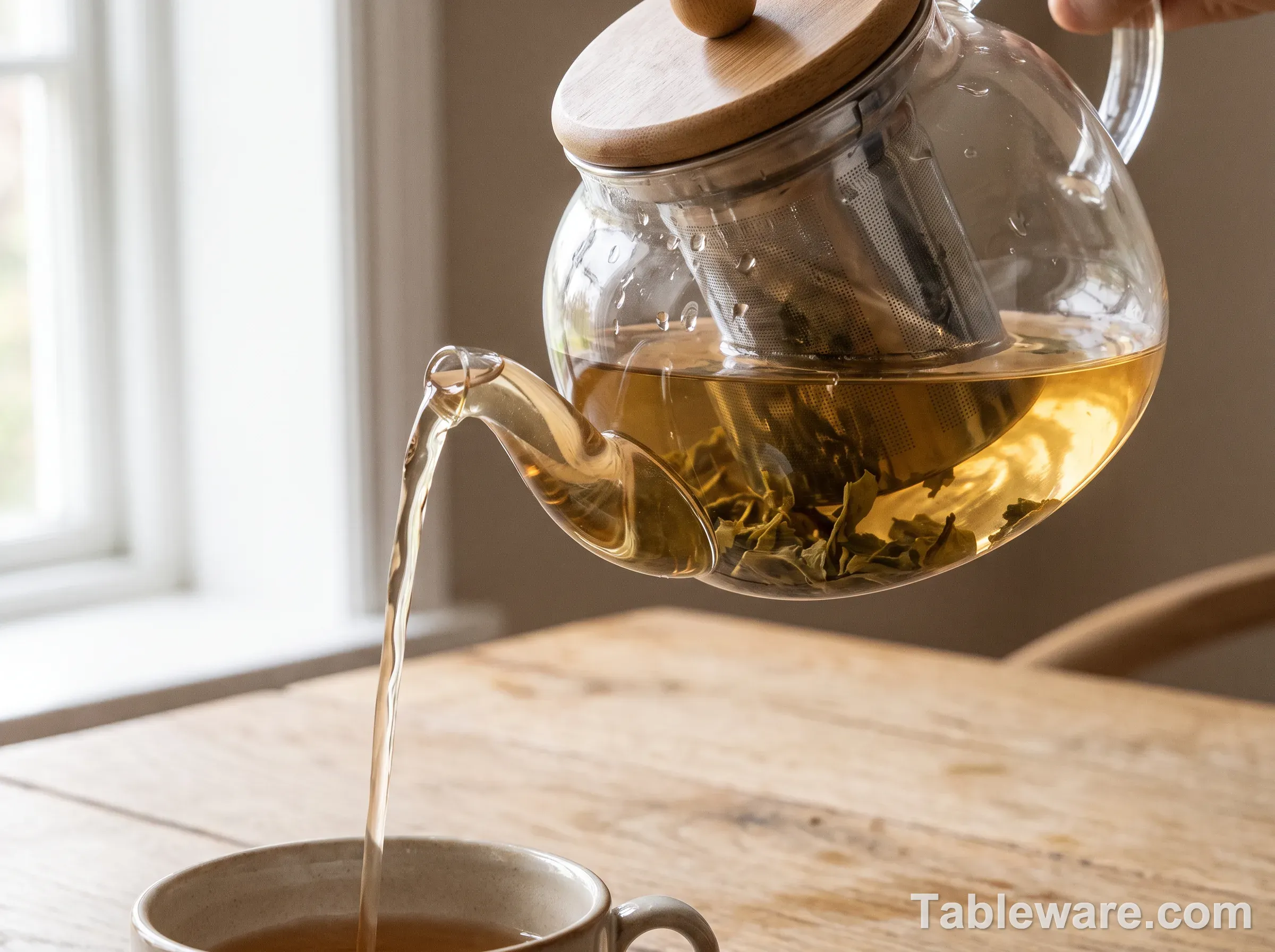A clear borosilicate glass teapot mid-pour on a light oak table, amber tea with loose leaf unfurling inside, bamboo and steel infuser basket visible, water droplets on the glass
