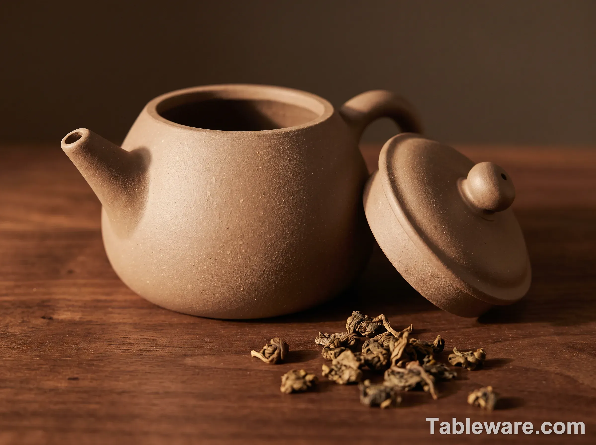A small unglazed Yixing zisha purple clay teapot with matching clay lid on a dark walnut surface, warm raking light revealing matte clay grain, dry oolong leaves beside it