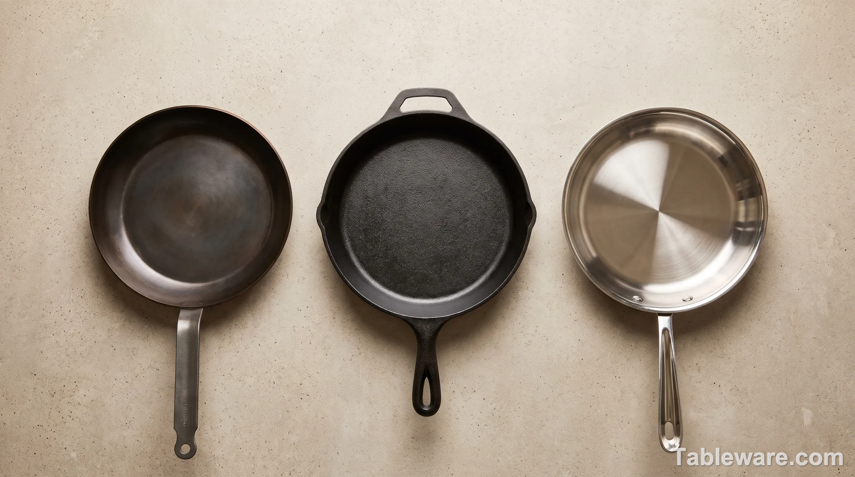 Overhead flat lay of three skillets side by side on a pale concrete counter: a thin dark carbon steel pan, a thick rough-textured black cast iron skillet, and a shiny silver stainless clad pan, soft natural window light from the left