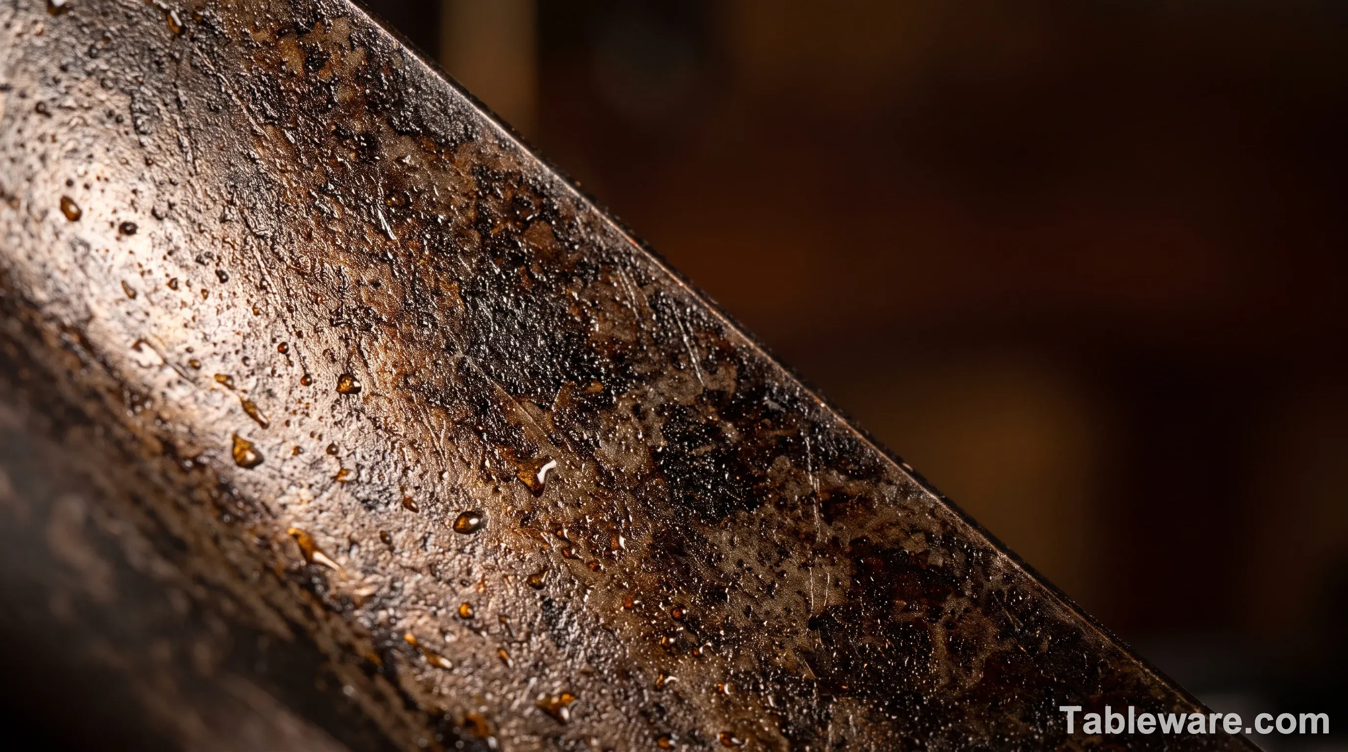 Extreme close-up macro of a seasoned carbon steel pan surface, dark brown-black patina with fine mottled texture and a faint amber sheen where oil has polymerized, raking side light