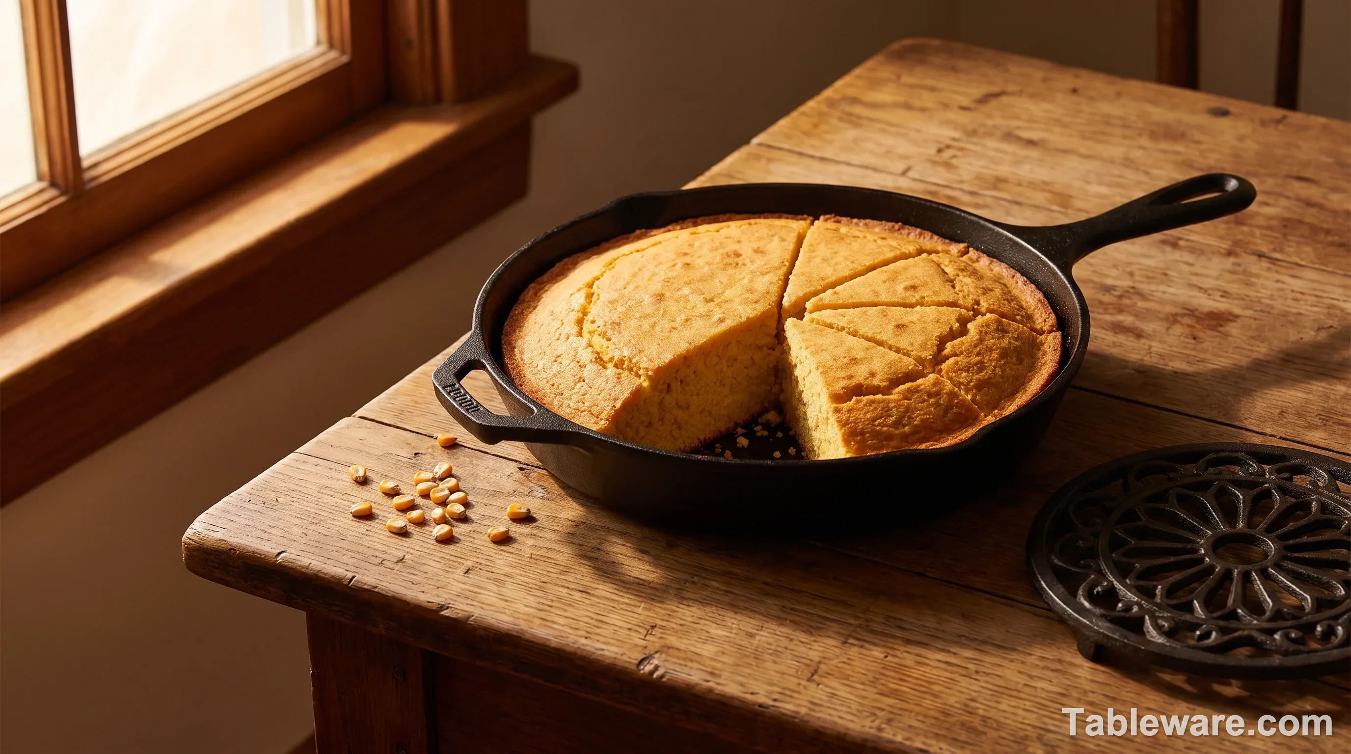 A black cast iron skillet holding a tall golden cast-iron cornbread with crisp browned crust, set on a worn oak table with a scattering of corn kernels and a cast iron trivet beside it, warm afternoon window light