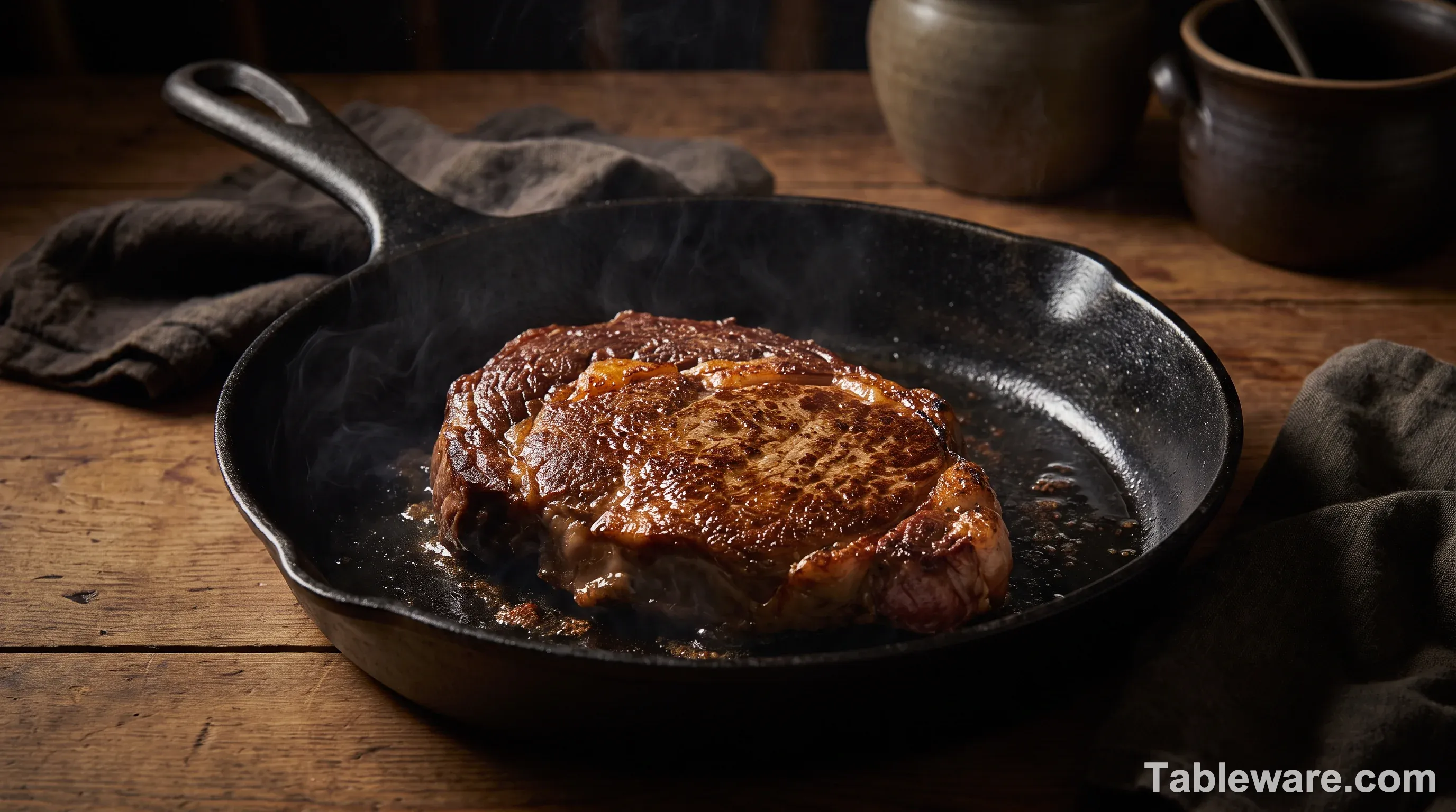 Close-up of a thick steak with a deeply browned, craggy crust resting in a black cast iron skillet, rendered fat glistening on the surface, dark moody side lighting with steam rising