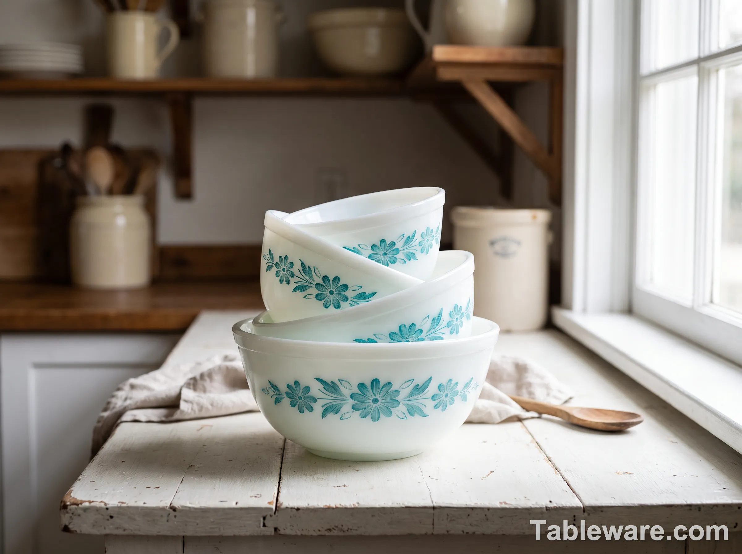 Four vintage nesting glass mixing bowls in graduated sizes stacked slightly offset, milky white opal glass with a turquoise painted floral band, on a worn white painted wooden counter with soft morning window light
