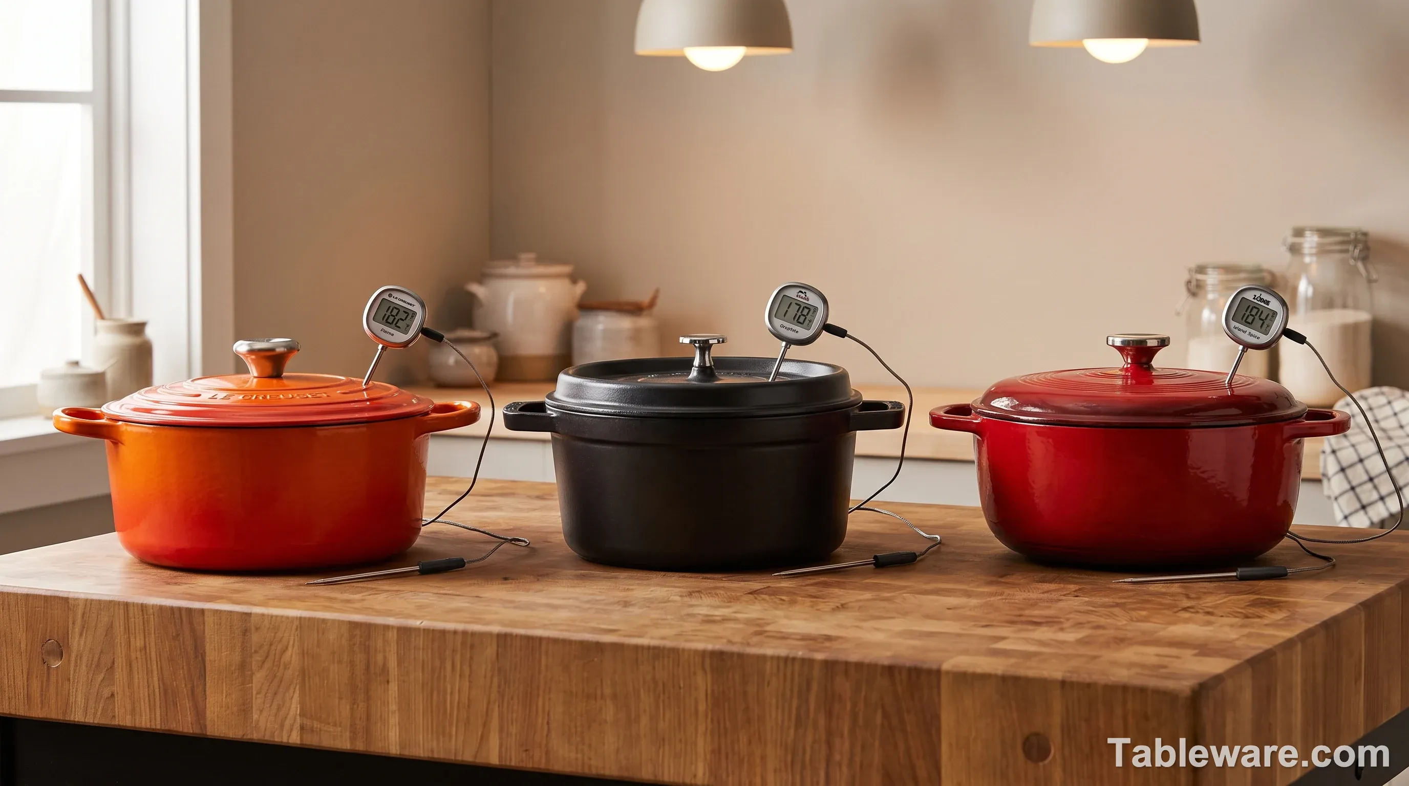 Editorial photograph of three Dutch ovens side by side on a kitchen counter with three digital thermometers reading temperature labels visible: Le Creuset Flame at 182°F, Staub Graphite at 178°F, Lodge Island Spice at 184°F. Warm interior light, no people, neutral background.