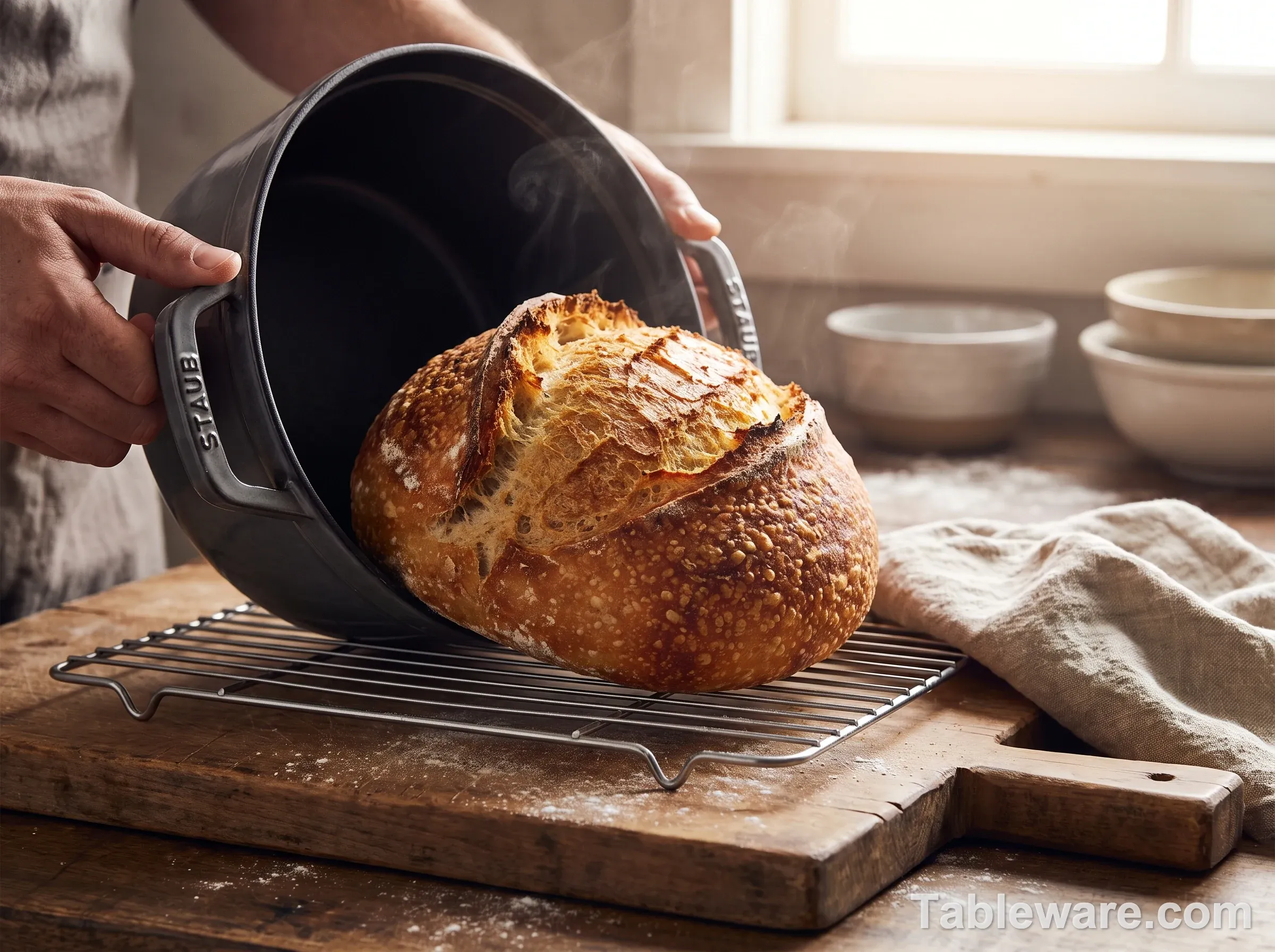 Editorial photograph of a fresh no-knead sourdough boule with golden blistered crust, lifted out of a Staub Round Cocotte in Graphite black on a cooling rack. Warm window light, wooden cutting board underneath, neutral background, no people.