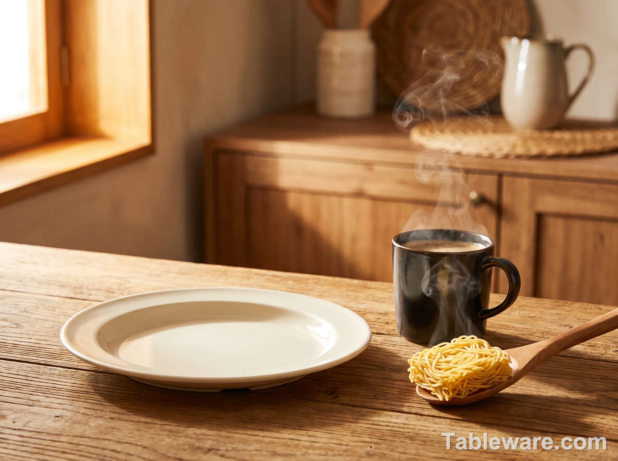 A cream melamine dinner plate on a wooden kitchen counter beside a mug of steaming hot coffee and a square of dry spaghetti, wisps of steam rising in warm amber side light