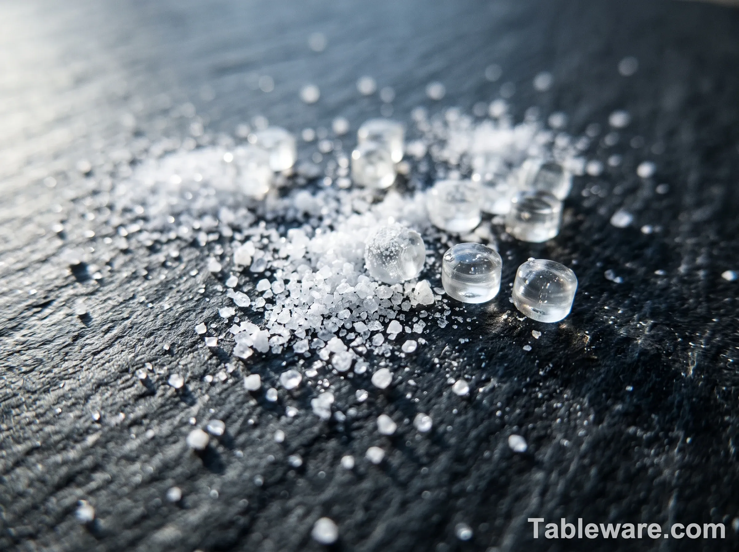 Extreme macro photograph of white crystalline melamine powder and glossy transparent molded plastic pellets scattered on a dark slate surface, raking daylight revealing individual crystalline facets