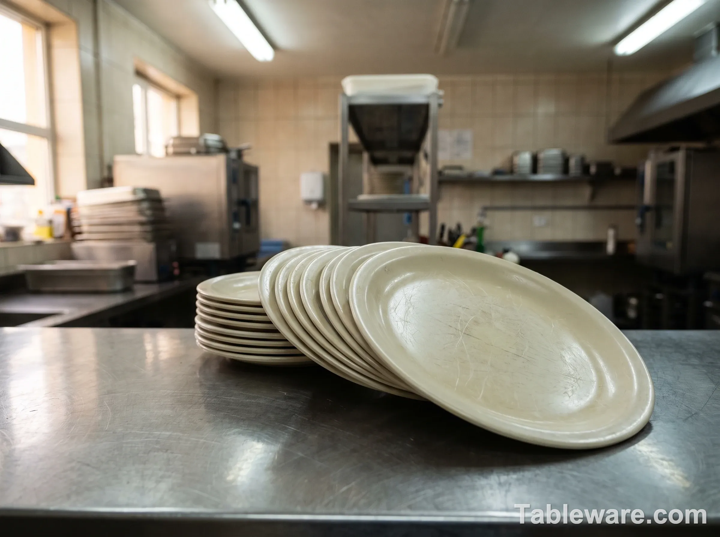 A stack of about a dozen institutional cream melamine plates fanned on a stainless steel restaurant counter, fine scratches and matte wear visible on the top plate surface