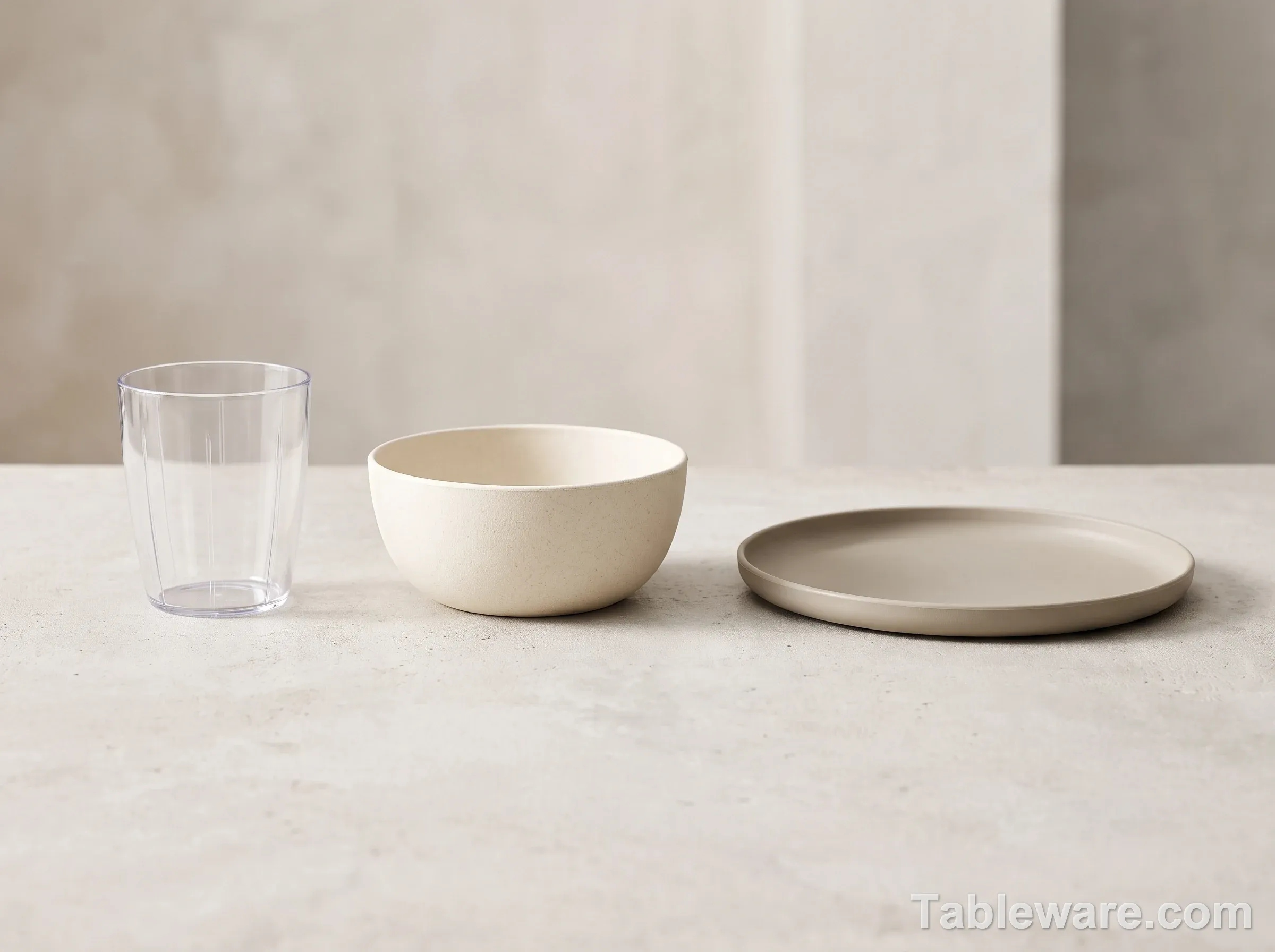 Three modern non-melamine tableware pieces on pale concrete: a clear shatterproof Tritan tumbler, a cream bamboo fiber composite bowl, and a matte polypropylene plate under soft diffused daylight